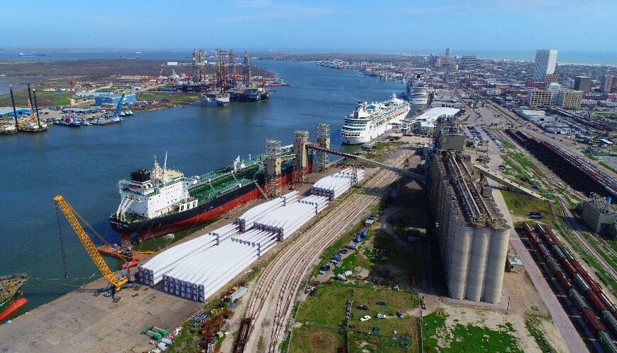 Aerial view of a construction site on the left, a body of water in the middle, and cruise ships, terminals, parking lot and streets on the right.