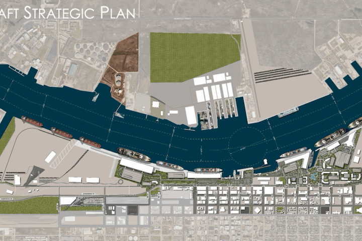 A conceptual diagram of the Port of Galveston showing areas developed per the port's 20-Year Strategic Master Plan. The Wharves Board adopted the plan in February 2026.