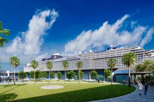 Cruise Terminal 16 rendering with MSC Seascape at the Port of Galveston