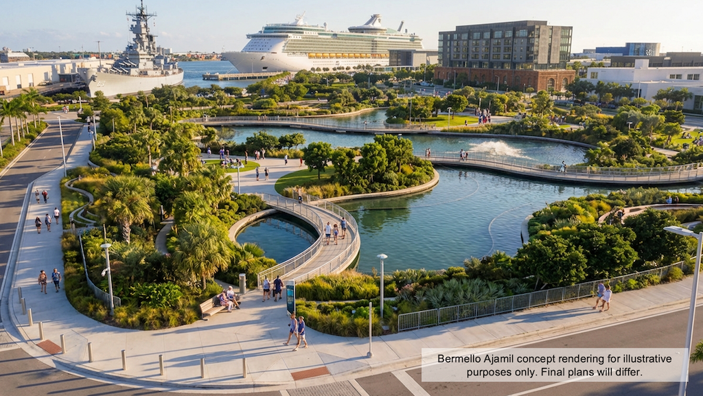 Concept for east cruise complex commercial area with Battleship Texas, Cruise Terminal 14, hotel and retail