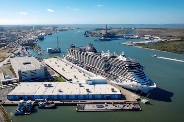 Aerial of Cruise Terminal 16 with MSC cruise ship Aerial of Cruise Terminal 16 with MSC cruise ship