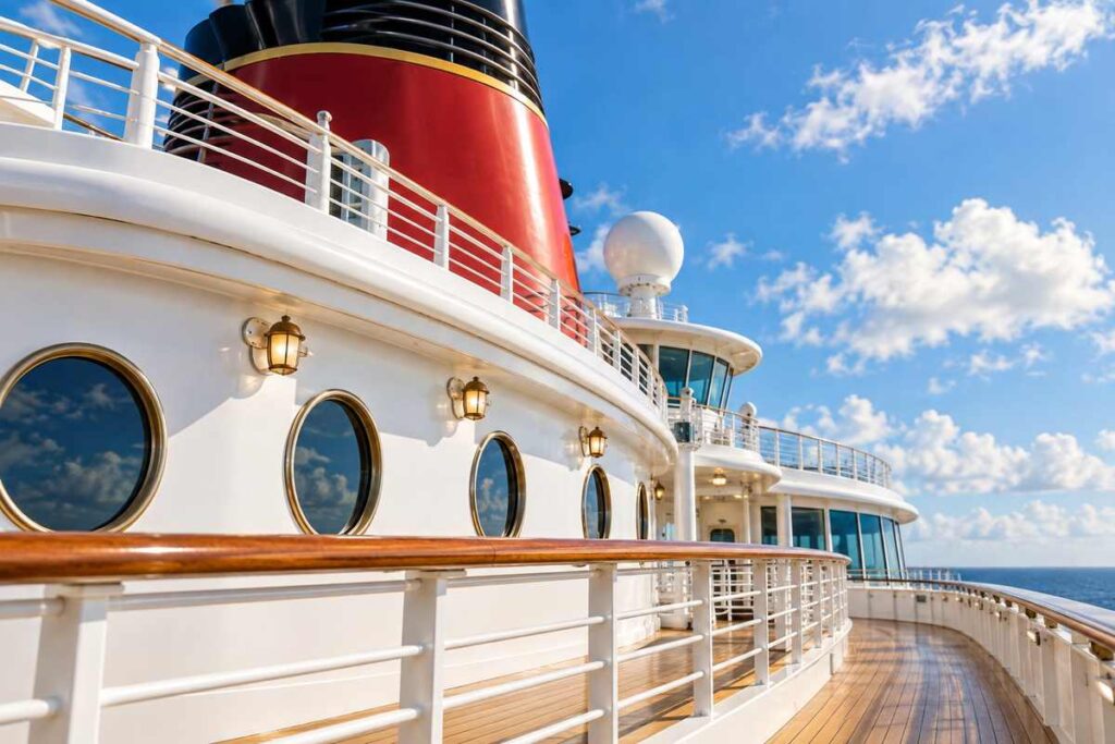 Close-up view of a Disney Cruise from Galveston featuring the ship’s classic red funnel, white deck and blue sky