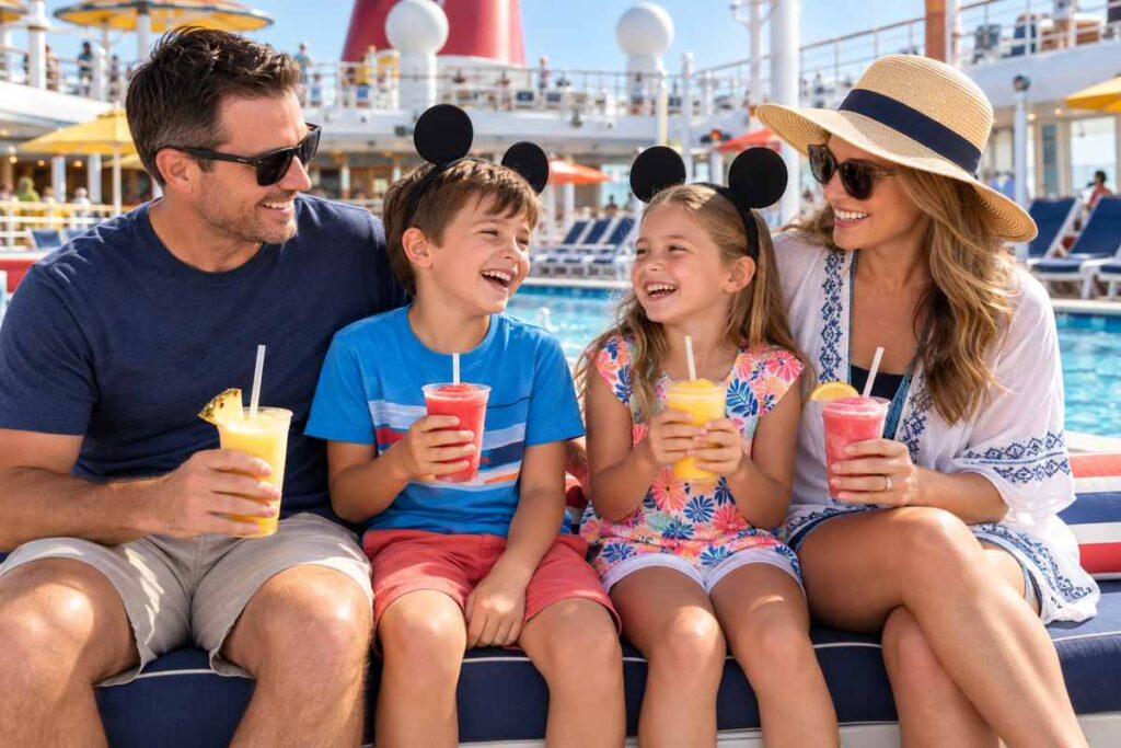 Family wearing mouse ears and enjoying frozen drinks by the pool before a Disney cruise, representing Disney Cruise Galveston parking