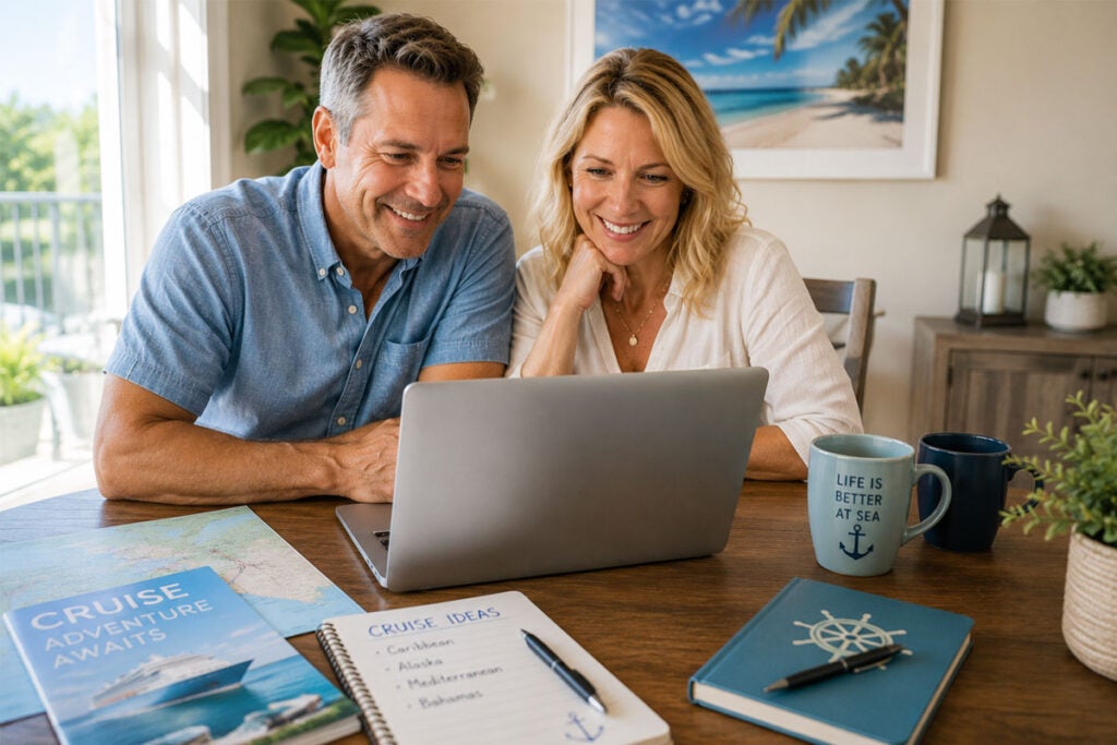 Couple planning their cruise while comparing Galveston cruise parking prices