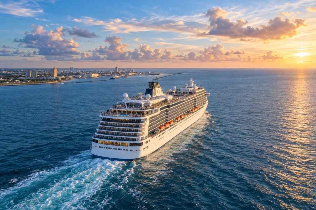Cruise liner sailing from Galveston into the Gulf at sunset for a Galveston cruise vacation