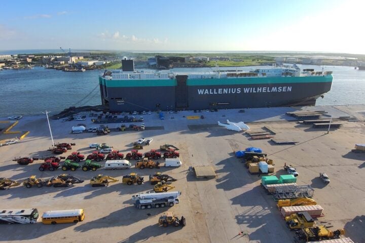 Wallenius-Wilhelmsen cargo ship offloading ro-ro cargo at the port's new cargo berth at Pier 39-40 Wallenius-Wilhelmsen cargo ship offloading ro-ro cargo at the port's new cargo berth at Pier 39-40