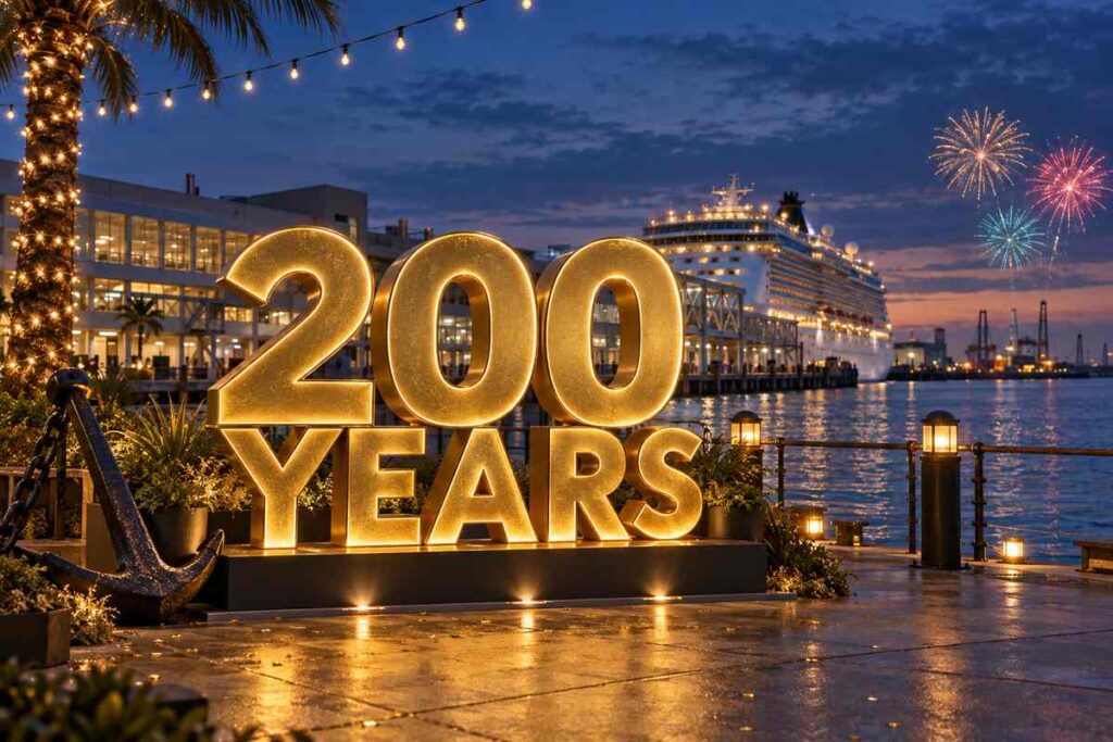 Waterfront celebration marking the Port of Galveston 200th Anniversary with an illuminated 200 Years display, cruise ship and fireworks