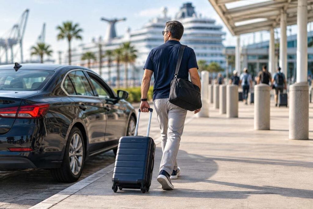 Man pulling a suitcase from a curbside drop-off while getting to Galveston Cruise Terminal