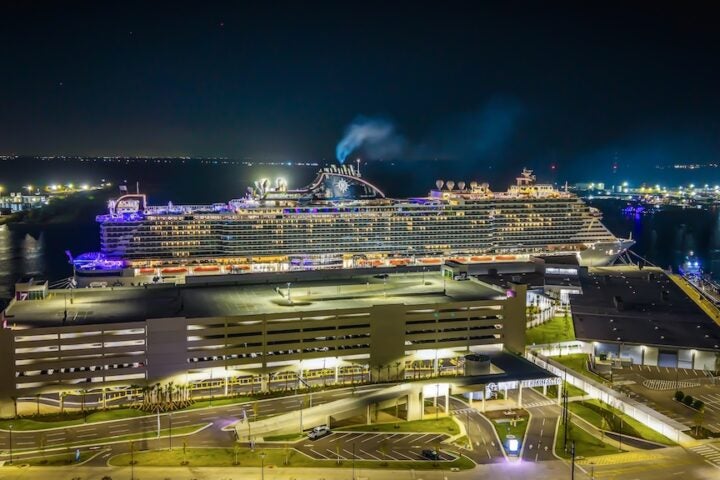 MSC Seascape docked at Cruise Terminal 16 at night