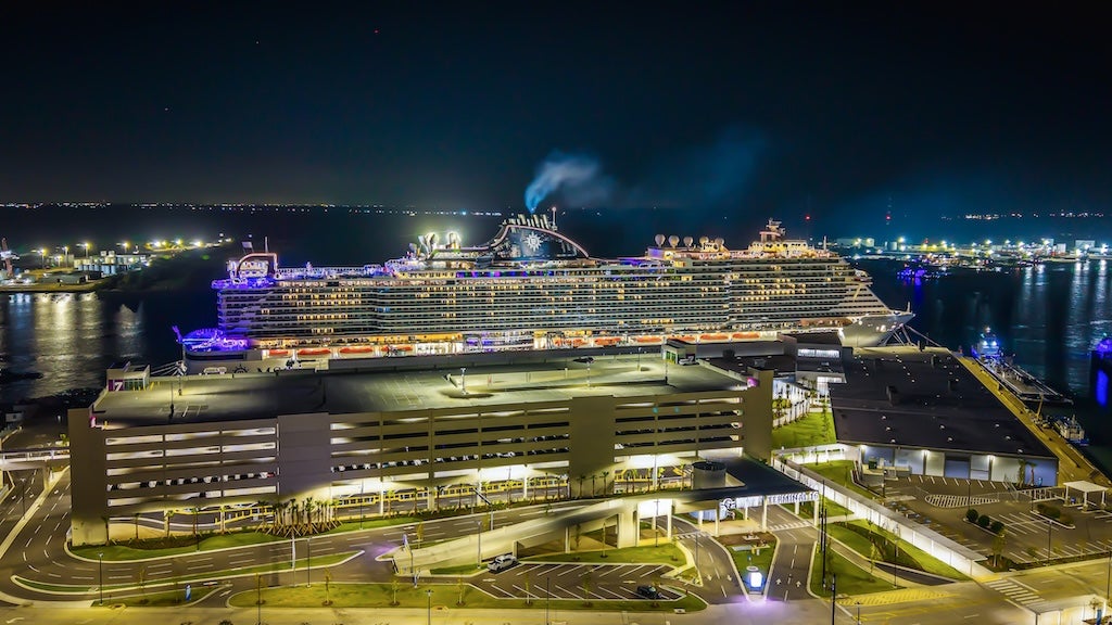 MSC Seascape docked at Cruise Terminal 16 at night